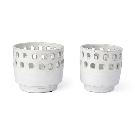 Larissa Set of Two White Ceramic Hollow Pattern Vases from Mercana - Luna Furniture