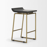 Givens 24.25"H Brown Wood Seat Gold Metal Frame Stool from Mercana - Luna Furniture