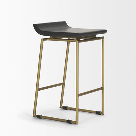 Givens 24.25"H Brown Wood Seat Gold Metal Frame Stool from Mercana - Luna Furniture