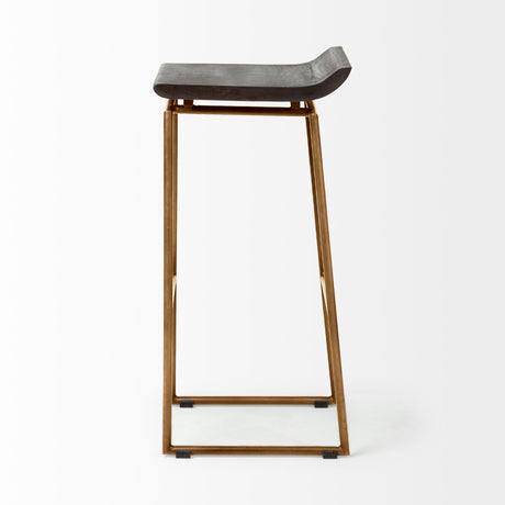 Givens 30.25"H Seat Height Brown Wood Seat Gold Metal Base Stool from Mercana - Luna Furniture