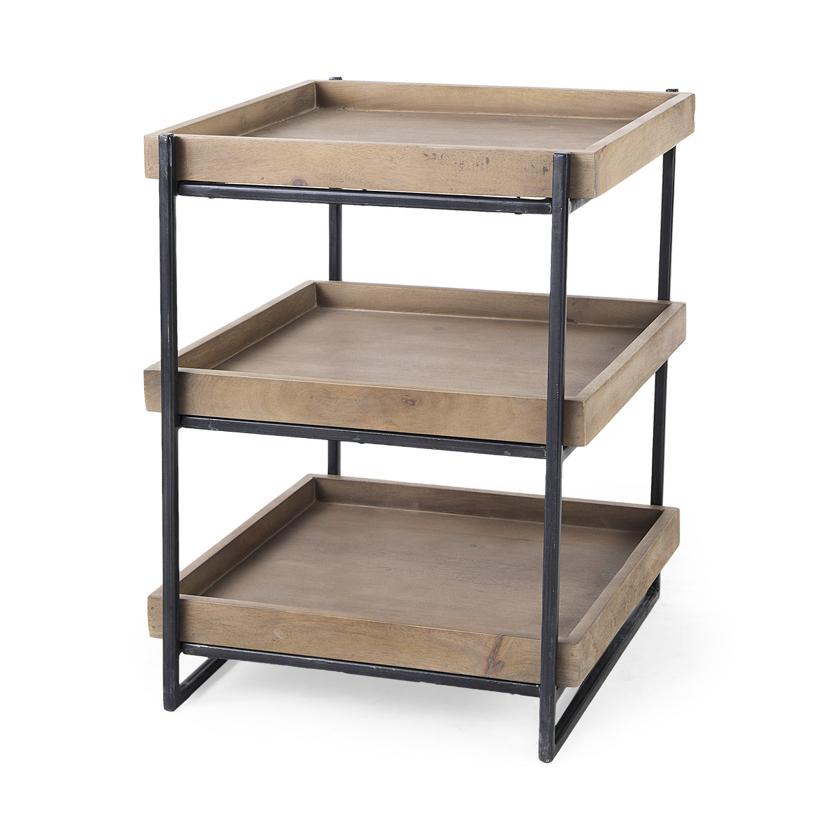 Trey III 20" x 26" Square Medium Brown Wooden Three-Tiered Black Iron Frame End/Side Table from Mercana - Luna Furniture