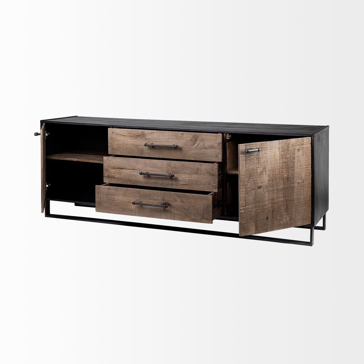 Alvin 82x20 Brown Solid Wood With Black Metal Frame 3 Drawer 2 Cabinet Door Sideboard from Mercana - Luna Furniture