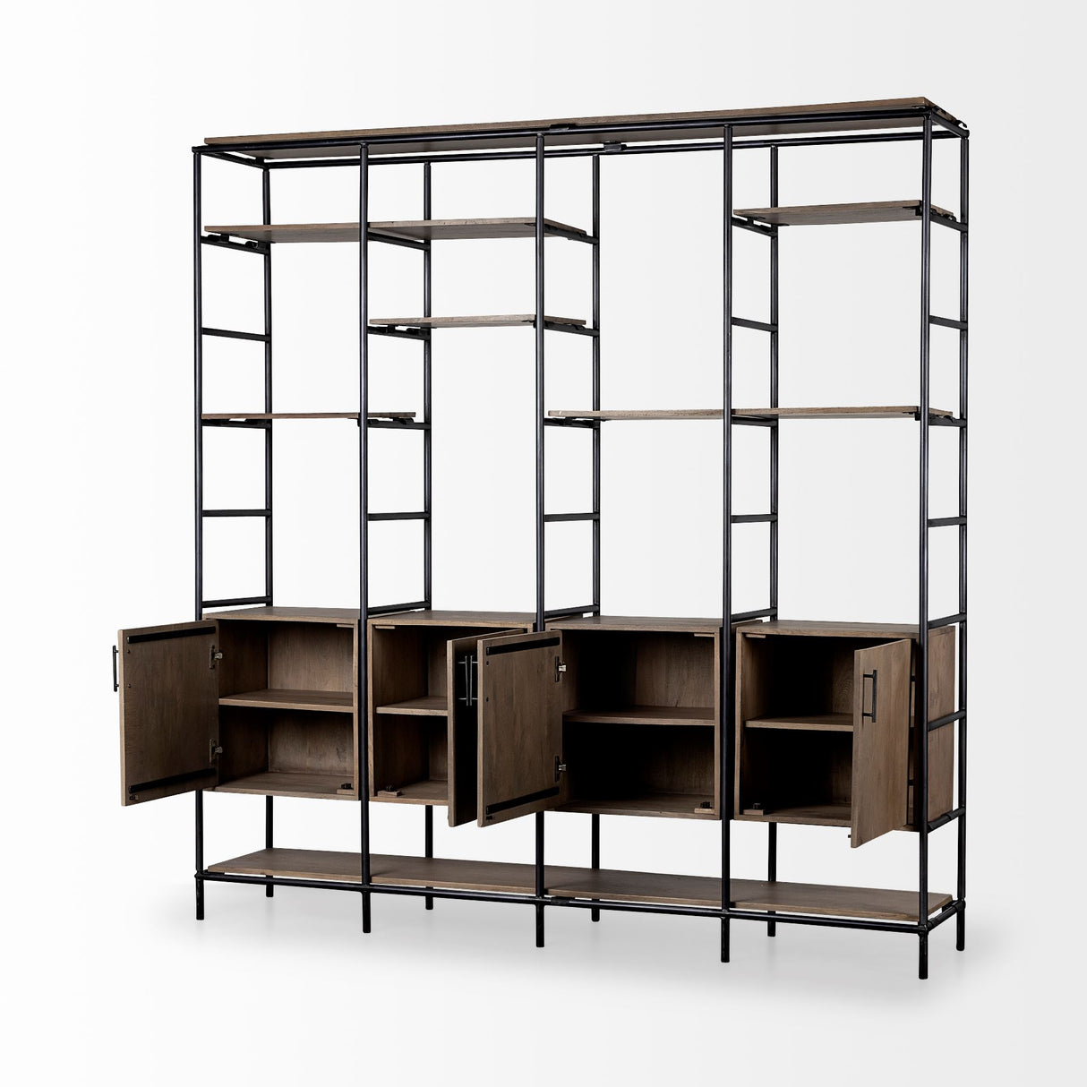 Darius 82L x 16.5W x 90H Medium Brown Wood and Metal Multi-Shelf Shelving Unit from Mercana - Luna Furniture