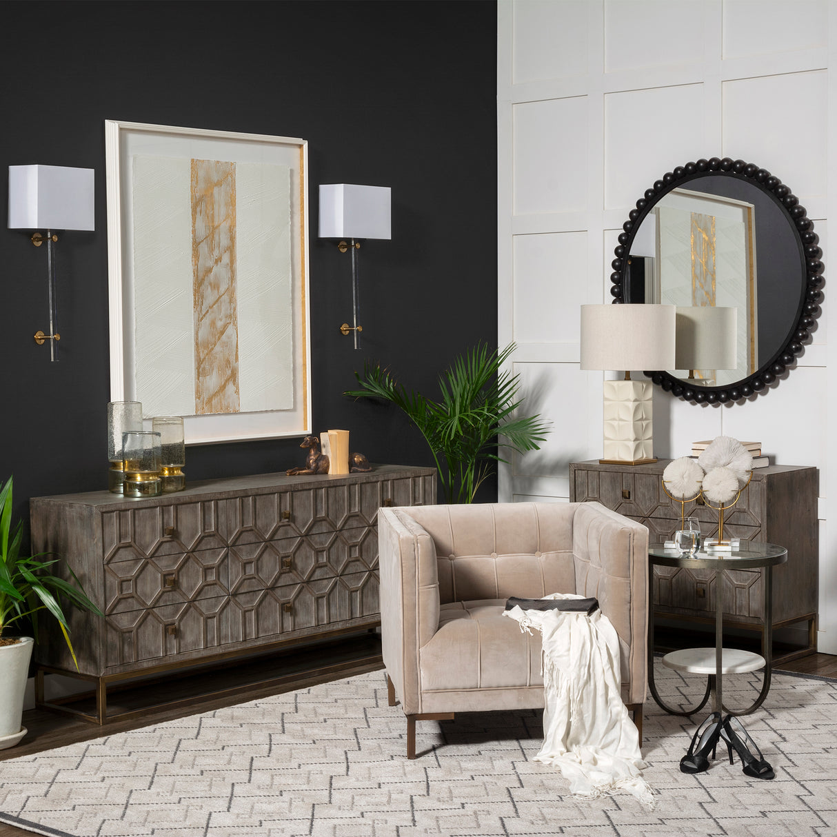Genevieve II 70x15.8 Gray Fir Veneer W/Gold Metal Frame Base 9 Drawer Sideboard from Mercana - Luna Furniture