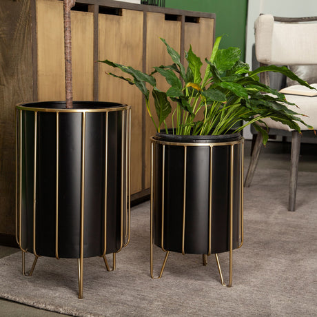 Pianta 13 x 21 Set of Two Black Metal Insert Brass Frame Plant Stands from Mercana - Luna Furniture