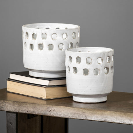 Larissa Set of Two White Ceramic Hollow Pattern Vases from Mercana - Luna Furniture