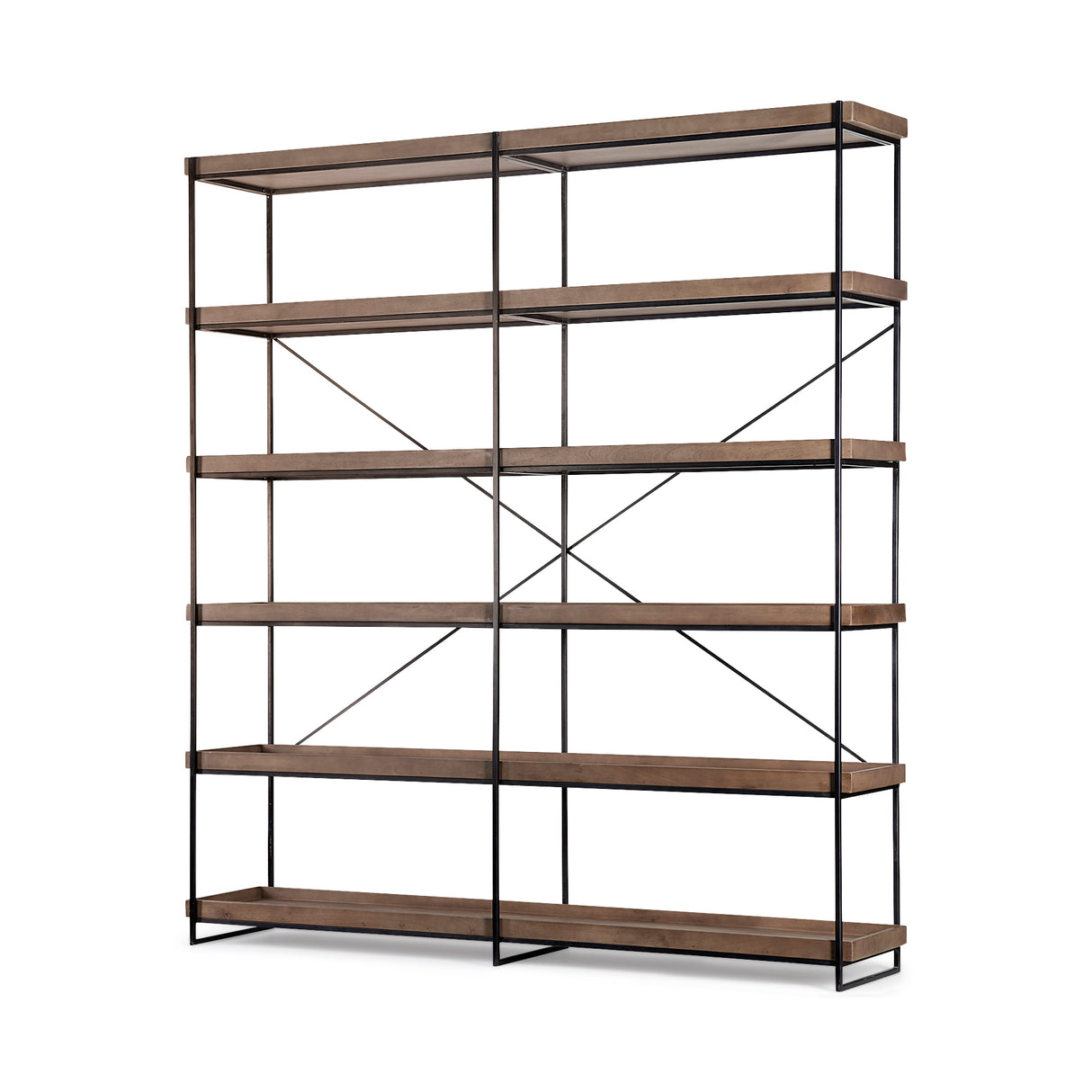 Trey IV 80L x 16W x 87.5H Medium Brown Wood and Iron Five Tray Shelf Shelving Unit from Mercana - Luna Furniture