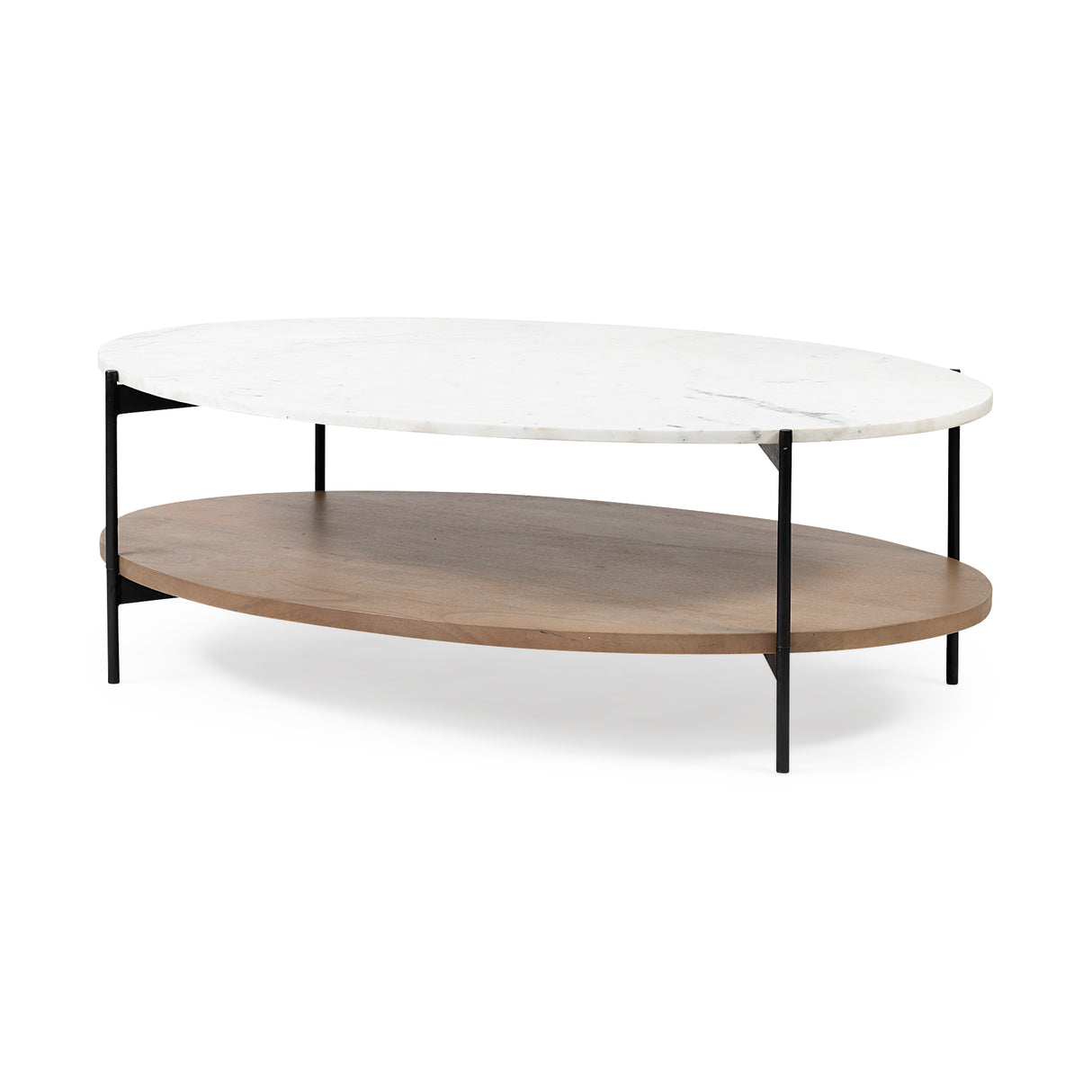 Larkin 48" Oval White Marble Top and Solid Wood Shelf w/ Black Metal Frame Coffee Table from Mercana - Luna Furniture
