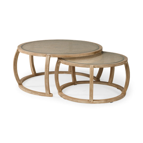 Hubbard Set of 2 Round Woven Cane w/Glass Top Solid Wood Base Coffee Tables from Mercana - Luna Furniture