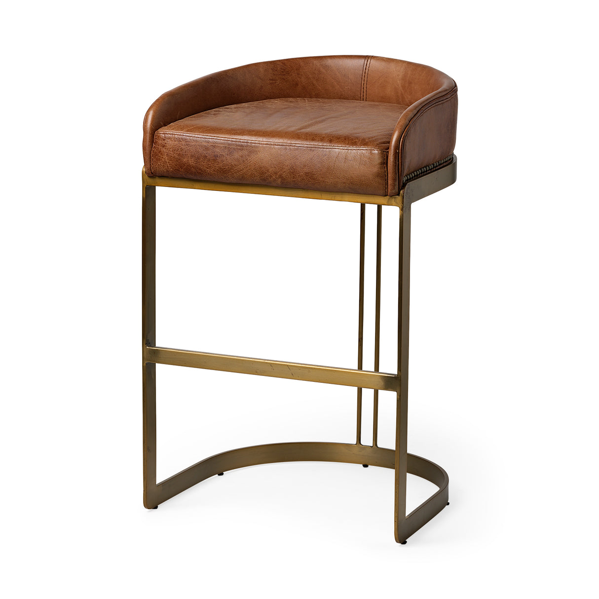 Hollyfield II Brown Leather Seat Gold Metal Base Bar Stool from Mercana - Luna Furniture