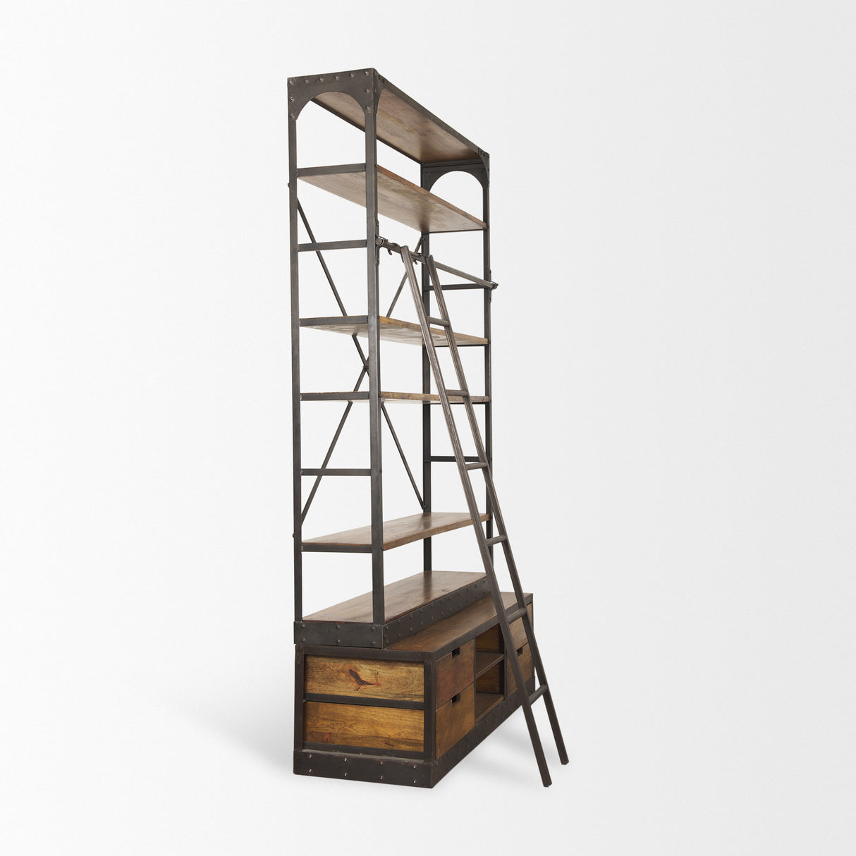 Brodie II Medium Brown Wood Black Ladder Four Shelf Shelving Unit 57L x 20.5W x94H from Mercana - Luna Furniture