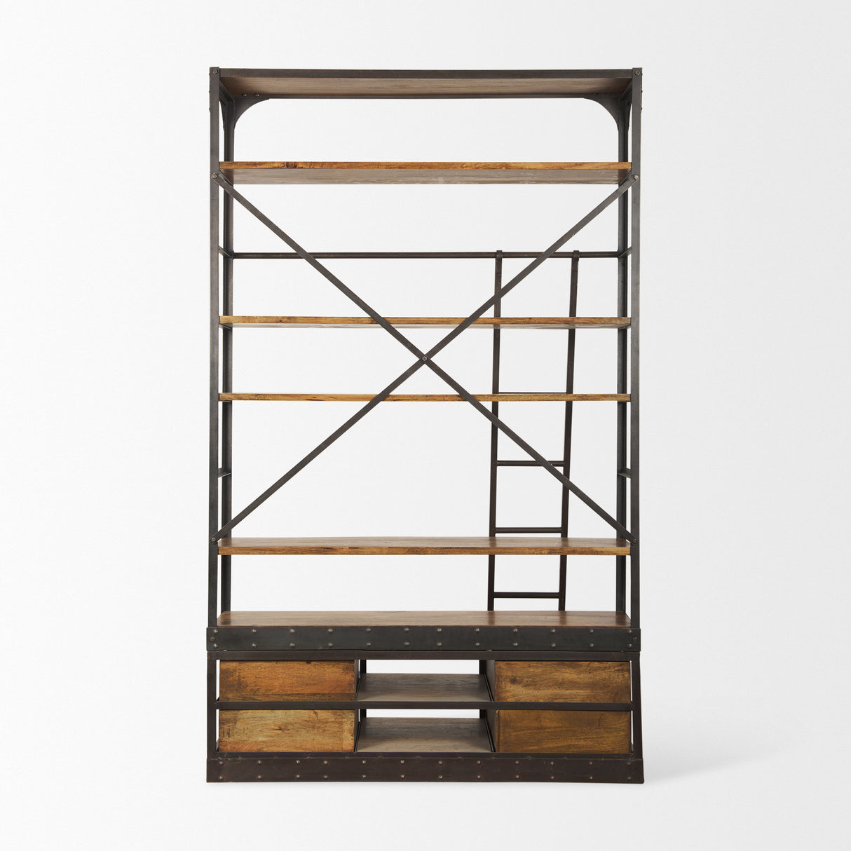Brodie II Medium Brown Wood Black Ladder Four Shelf Shelving Unit 57L x 20.5W x94H from Mercana - Luna Furniture