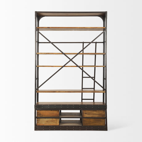 Brodie II Medium Brown Wood Black Ladder Four Shelf Shelving Unit 57L x 20.5W x94H from Mercana - Luna Furniture