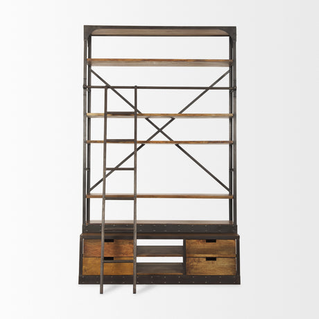 Brodie II Medium Brown Wood Black Ladder Four Shelf Shelving Unit 57L x 20.5W x94H from Mercana - Luna Furniture