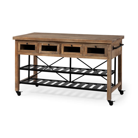 Stuart I Brown Solid Wood Top Two-Tier Black Metal Rolling Kitchen Island from Mercana - Luna Furniture