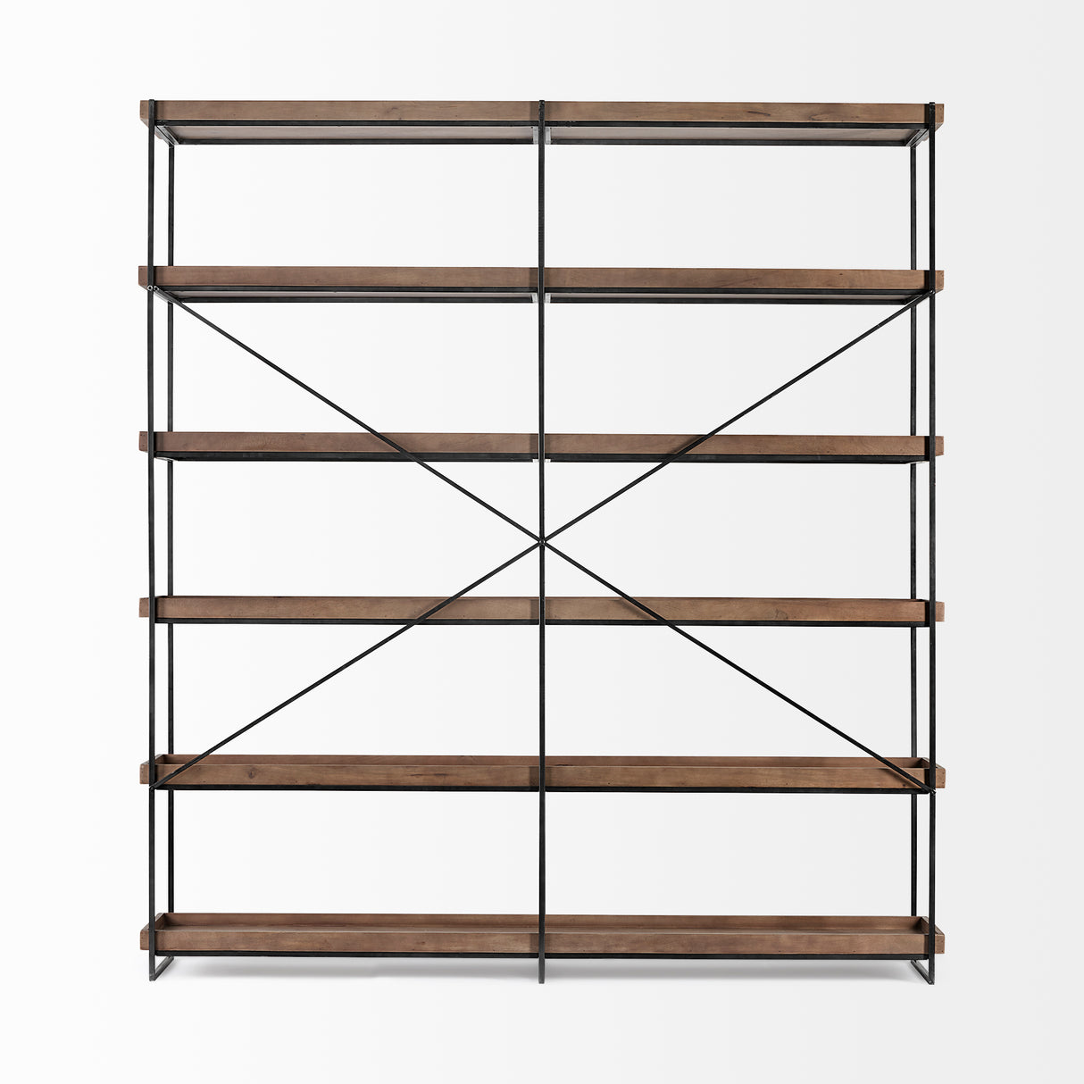 Trey IV 80L x 16W x 87.5H Medium Brown Wood and Iron Five Tray Shelf Shelving Unit from Mercana - Luna Furniture