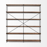 Trey IV 80L x 16W x 87.5H Medium Brown Wood and Iron Five Tray Shelf Shelving Unit from Mercana - Luna Furniture