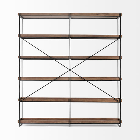 Trey IV 80L x 16W x 87.5H Medium Brown Wood and Iron Five Tray Shelf Shelving Unit from Mercana - Luna Furniture
