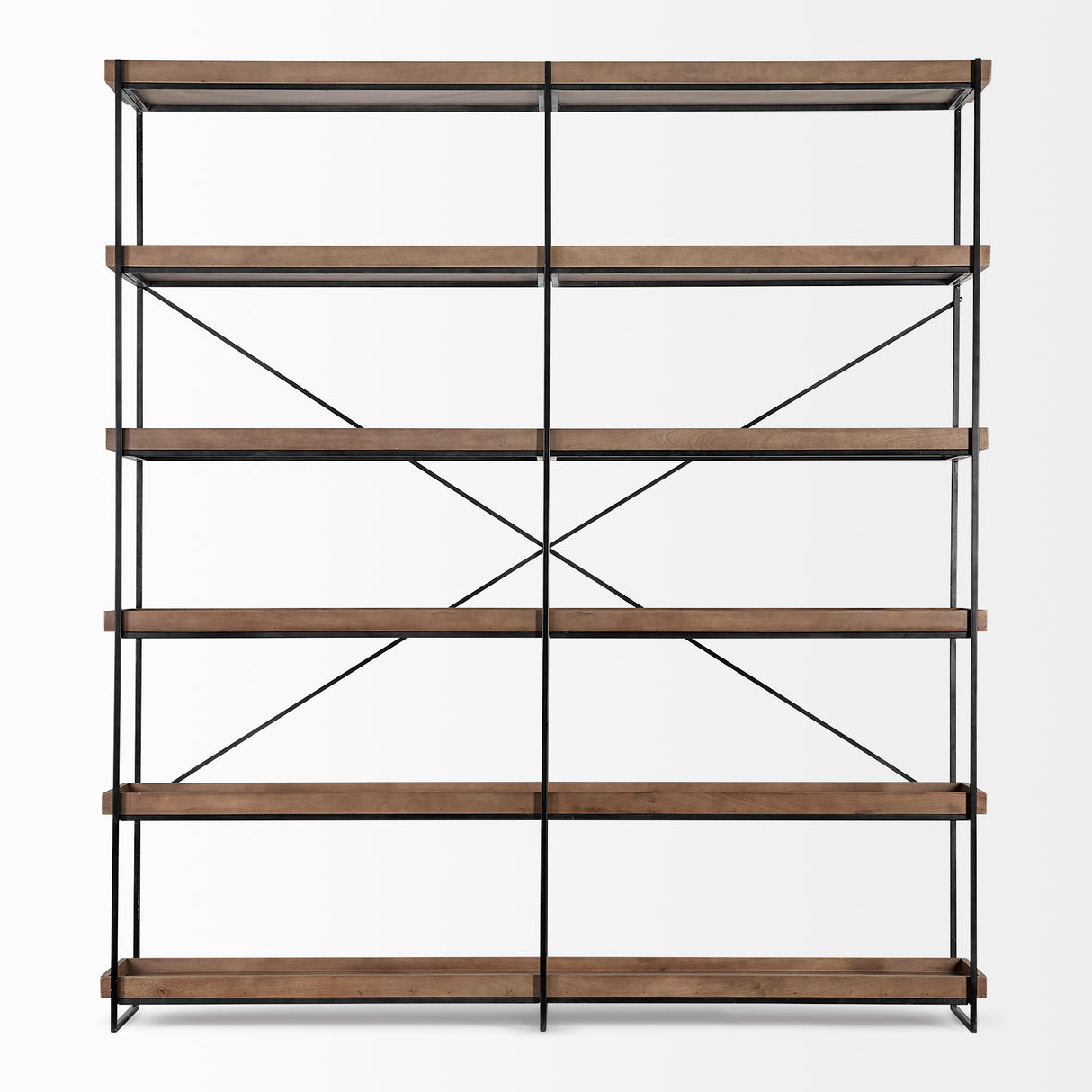 Trey IV 80L x 16W x 87.5H Medium Brown Wood and Iron Five Tray Shelf Shelving Unit from Mercana - Luna Furniture
