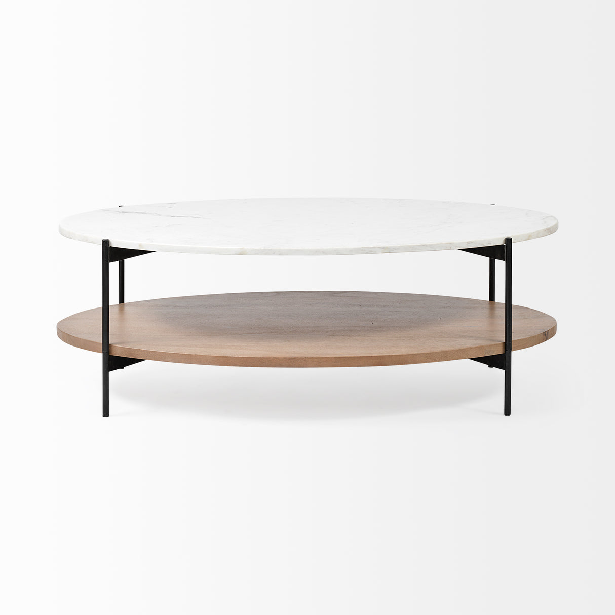 Larkin 48" Oval White Marble Top and Solid Wood Shelf w/ Black Metal Frame Coffee Table from Mercana - Luna Furniture