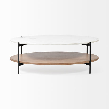 Larkin 48" Oval White Marble Top and Solid Wood Shelf w/ Black Metal Frame Coffee Table from Mercana - Luna Furniture