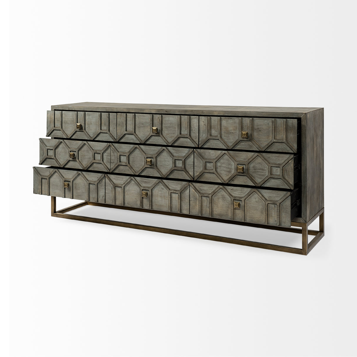 Genevieve II 70x15.8 Gray Fir Veneer W/Gold Metal Frame Base 9 Drawer Sideboard from Mercana - Luna Furniture