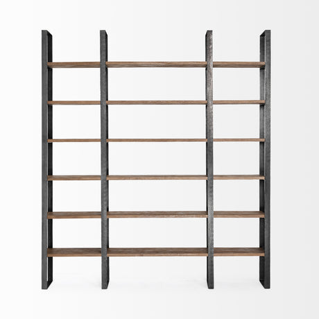 Taunton II 80L x 10.5W x 90H Dark Brown Wood And Black Iron Six Shelving Unit from Mercana - Luna Furniture
