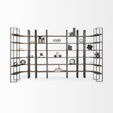 Turner II 37L x 10.5W x 90H Curved Dark Brown Wood And Black Iron Six Shelving Unit from Mercana - Luna Furniture