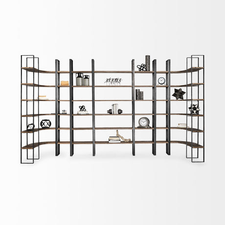 Turner II 37L x 10.5W x 90H Curved Dark Brown Wood And Black Iron Six Shelving Unit from Mercana - Luna Furniture
