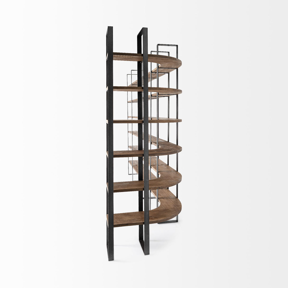 Turner II 37L x 10.5W x 90H Curved Dark Brown Wood And Black Iron Six Shelving Unit from Mercana - Luna Furniture