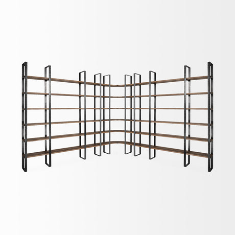Turner II 37L x 10.5W x 90H Curved Dark Brown Wood And Black Iron Six Shelving Unit from Mercana - Luna Furniture