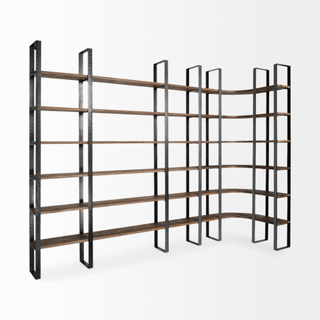 Turner II 37L x 10.5W x 90H Curved Dark Brown Wood And Black Iron Six Shelving Unit from Mercana - Luna Furniture