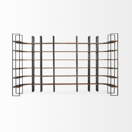 Turner II 37L x 10.5W x 90H Curved Dark Brown Wood And Black Iron Six Shelving Unit from Mercana - Luna Furniture