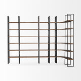 Turner II 37L x 10.5W x 90H Curved Dark Brown Wood And Black Iron Six Shelving Unit from Mercana - Luna Furniture