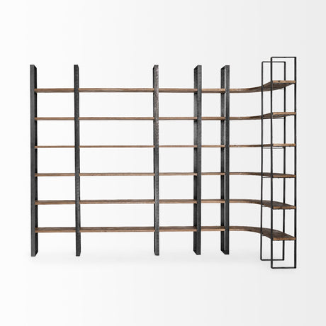 Turner II 37L x 10.5W x 90H Curved Dark Brown Wood And Black Iron Six Shelving Unit from Mercana - Luna Furniture