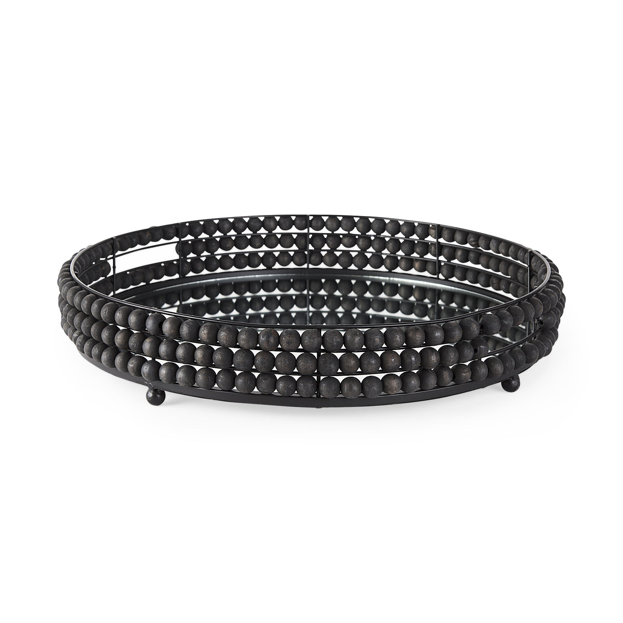 Decatur II 21L x 21W Black Wooden Bead Mirrored Bottom Round Tray from Mercana - Luna Furniture