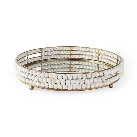 Decatur I 21L x 21W White Wooden Bead Mirrored Bottom Round Tray from Mercana - Luna Furniture