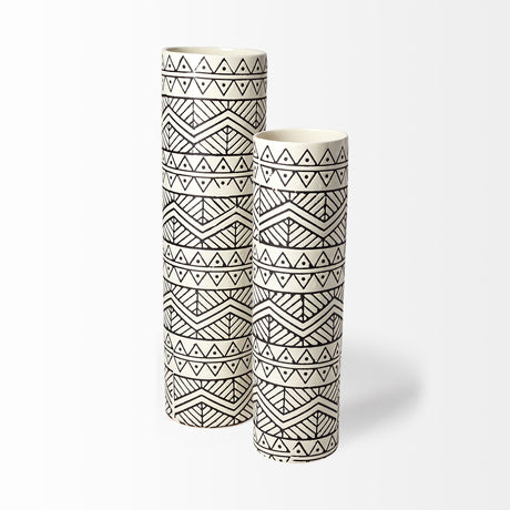 Uhura I Small Cream Black Patterned Cylindrical Vase from Mercana - Luna Furniture