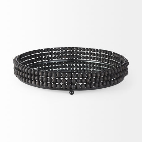 Decatur II 21L x 21W Black Wooden Bead Mirrored Bottom Round Tray from Mercana - Luna Furniture