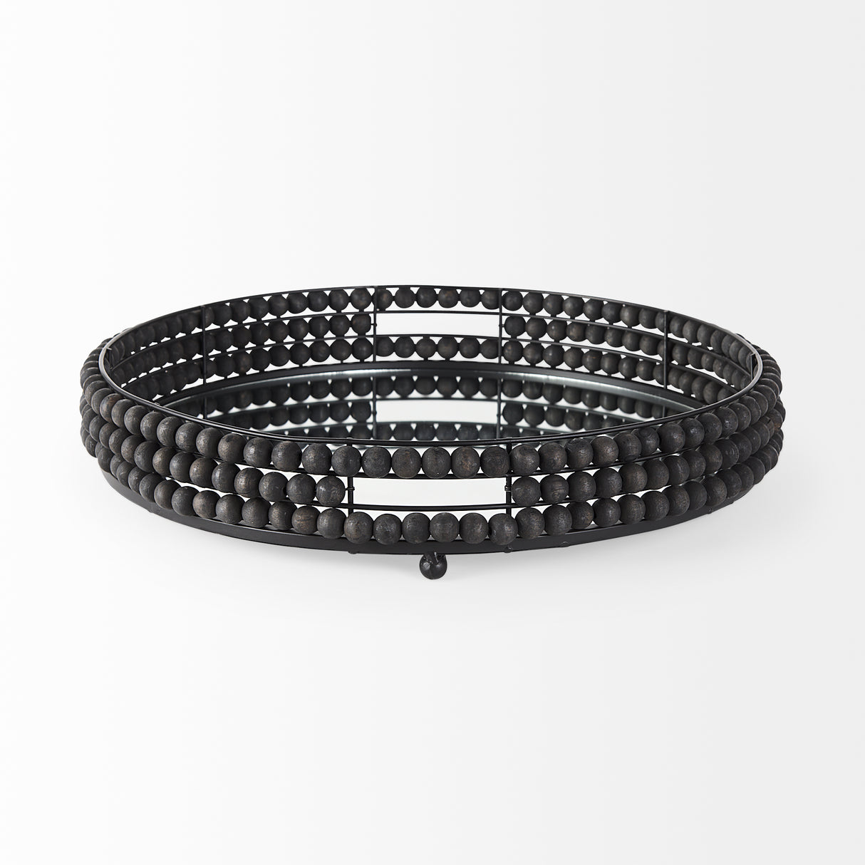 Decatur II 21L x 21W Black Wooden Bead Mirrored Bottom Round Tray from Mercana - Luna Furniture