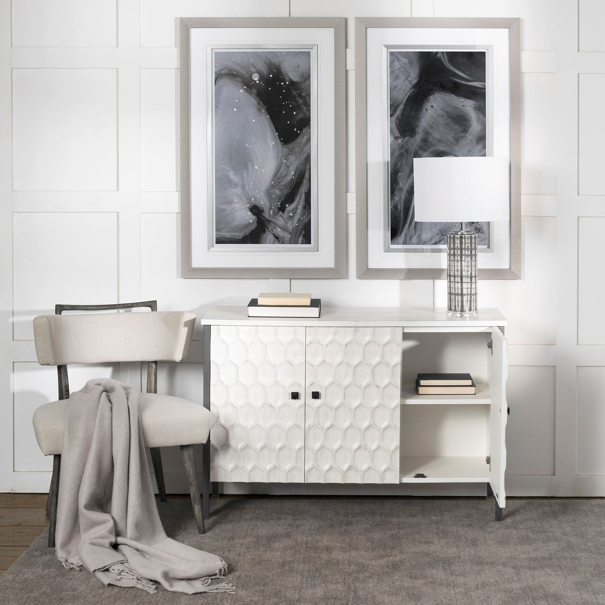 Savannah White Fir Veneer & Gray Metal 3-Door Accent Cabinet from Mercana - Luna Furniture