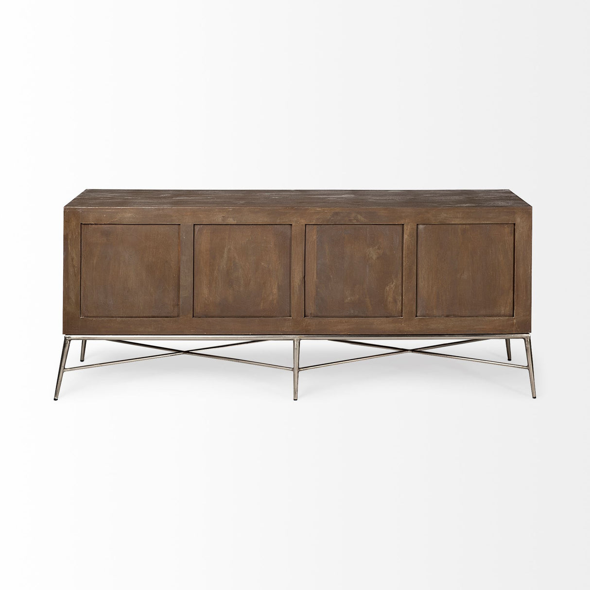 Swordfish 72L x 19W x 30.25H Two-Tone Brown Wood Cabinet Silver Metal Base 4 Cabinet Door Sideboard from Mercana - Luna Furniture