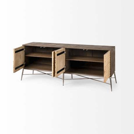 Swordfish 72L x 19W x 30.25H Two-Tone Brown Wood Cabinet Silver Metal Base 4 Cabinet Door Sideboard from Mercana - Luna Furniture