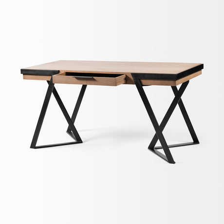 Steinbeck 61L x 28.75W x 30H Light Brown Wooden Iron Frame Office Desk from Mercana - Luna Furniture