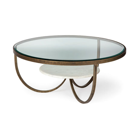 Reinhardt 36" Round Glass Top Marble Shelf Gold Metal Base Coffee Table from Mercana - Luna Furniture