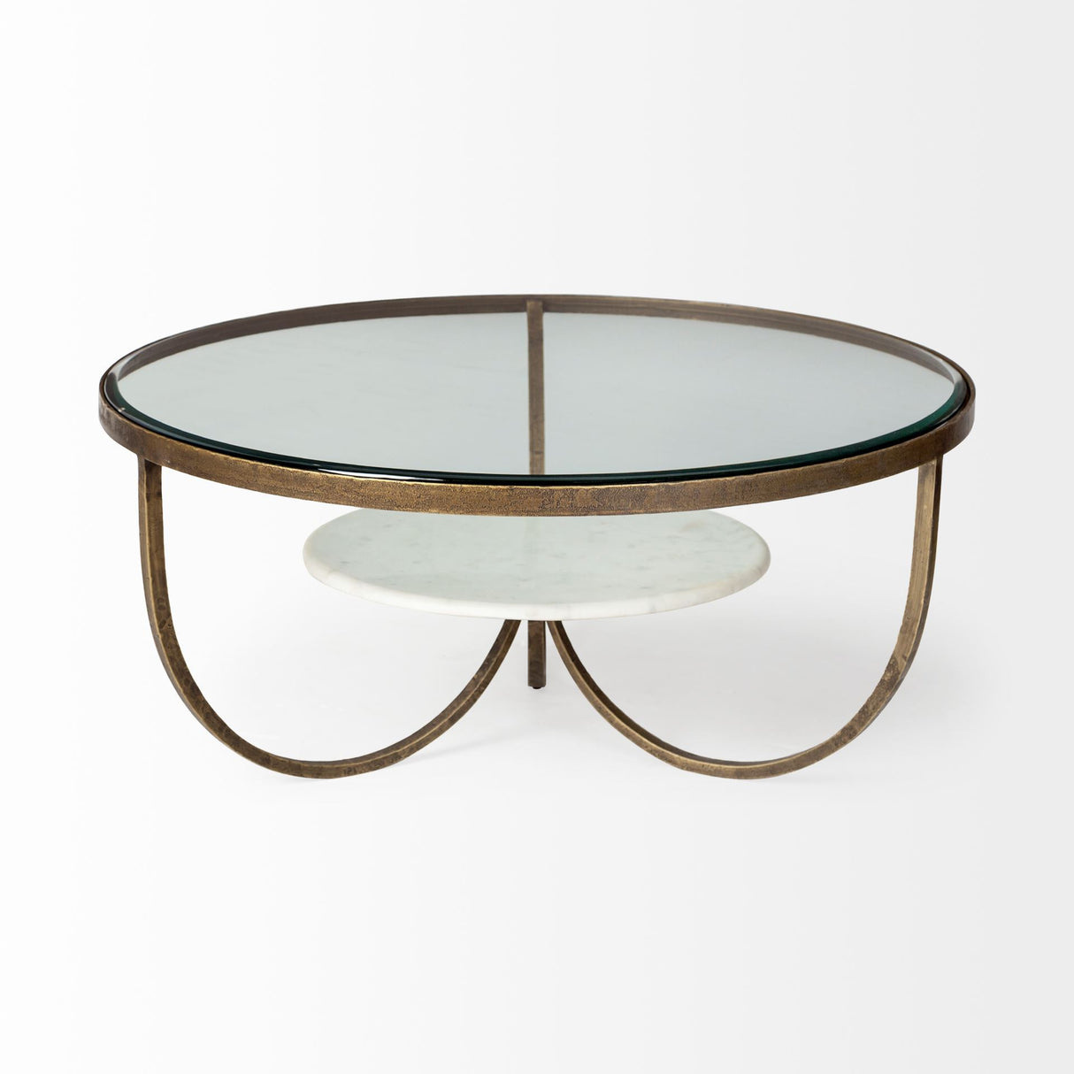 Reinhardt 36" Round Glass Top Marble Shelf Gold Metal Base Coffee Table from Mercana - Luna Furniture