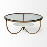 Reinhardt 36" Round Glass Top Marble Shelf Gold Metal Base Coffee Table from Mercana - Luna Furniture