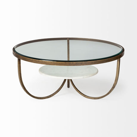 Reinhardt 36" Round Glass Top Marble Shelf Gold Metal Base Coffee Table from Mercana - Luna Furniture