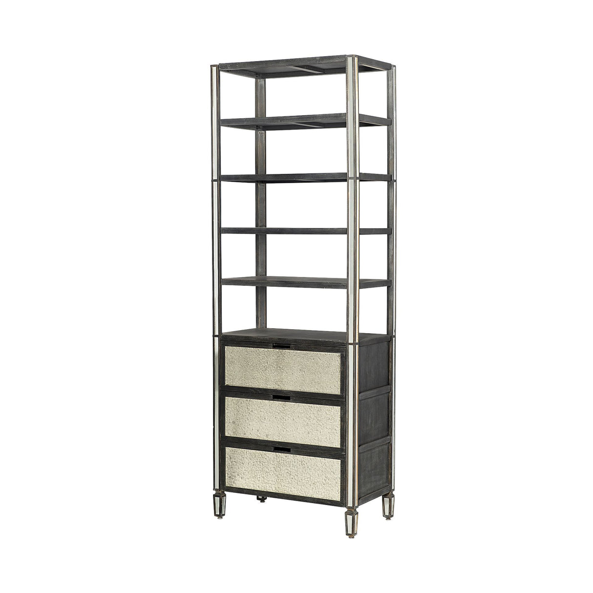 Sunnyvale 32L x 18W x 90H Dark Brown Solid Wood and Mirrored Glass Four Shelf Shelving Unit from Mercana - Luna Furniture