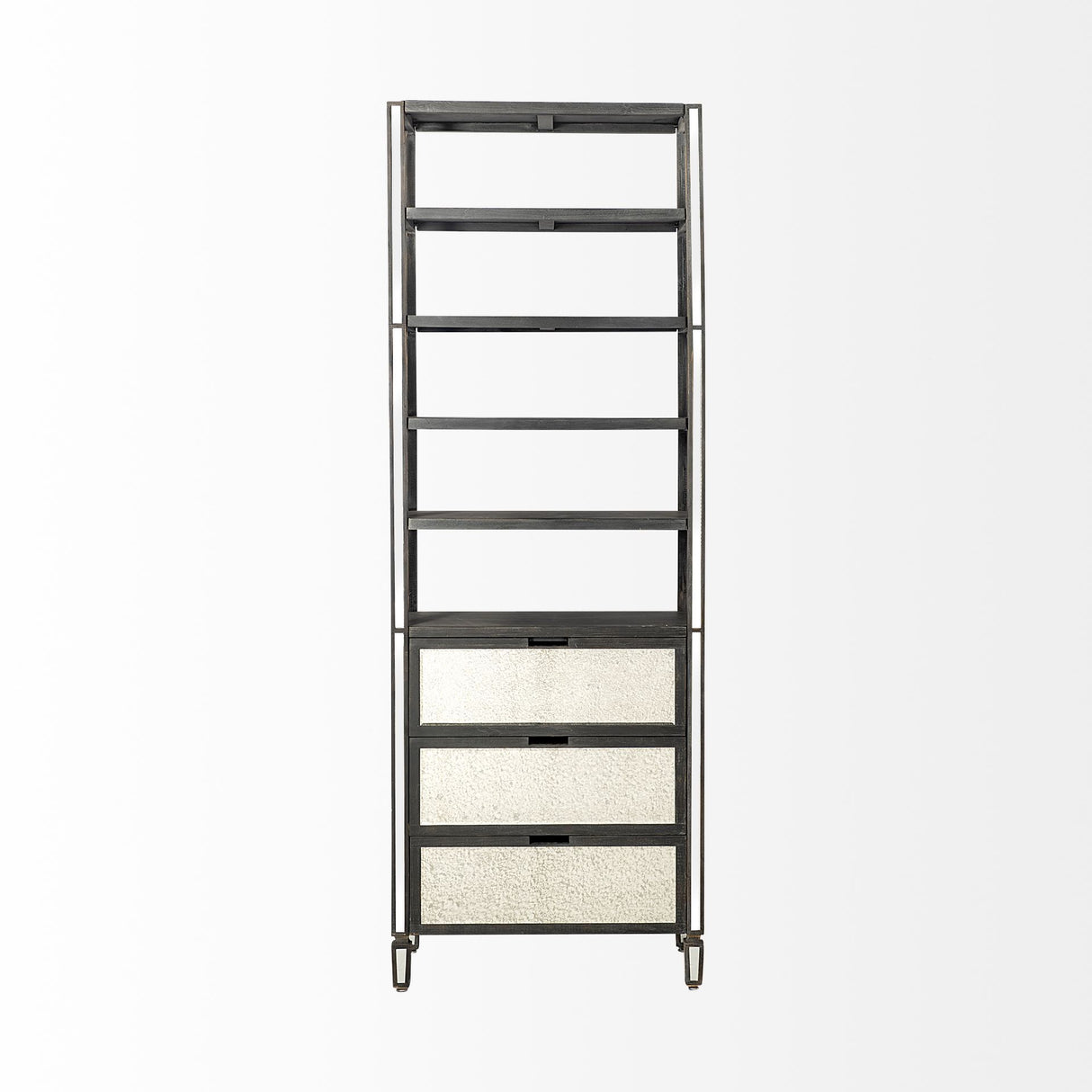 Sunnyvale 32L x 18W x 90H Dark Brown Solid Wood and Mirrored Glass Four Shelf Shelving Unit from Mercana - Luna Furniture